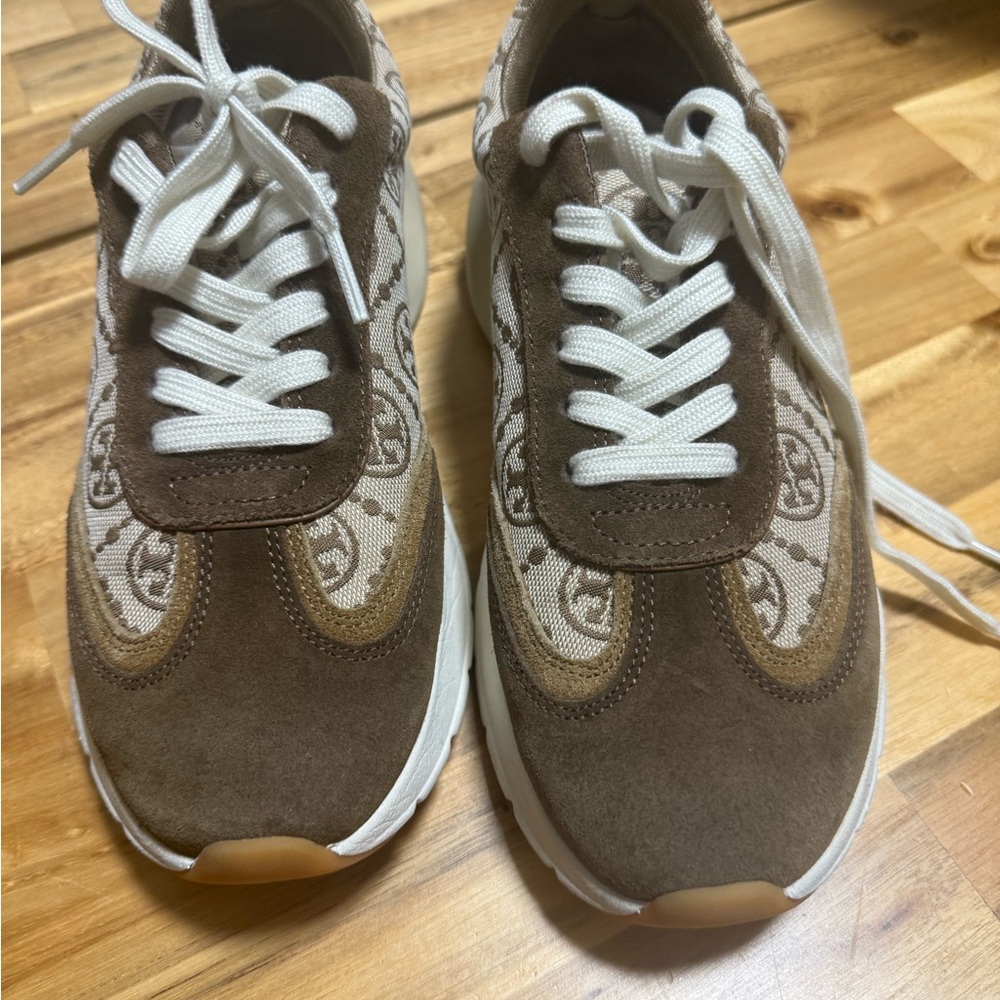Tory Burch Brown & White Logo Panel Suede Sneakers